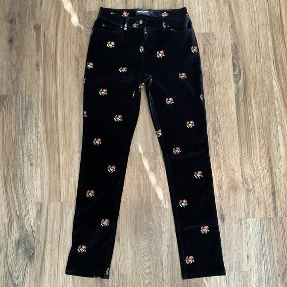 Ply The Waters Guideboat Co Blue Velvet Velour Pants Embroidered Floral Size 26 - Picture 1 of 8
